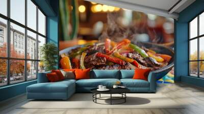 A sizzling skillet of fajitas with charred bell peppers, onions, and steak, set against a background of vibrant Mexican tiles and hanging string lights Wall mural