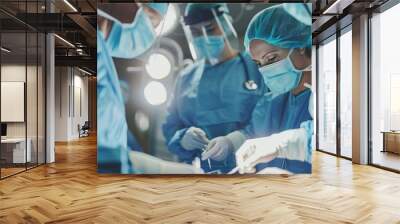 A surgical team in scrubs and masks, preparing for surgery, focusing on the hands as they adjust instruments and equipment Wall mural