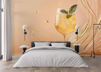 A tall glass of Hugo Spritz, perfectly garnished with mint leaves and elderflower, isolated on a pastel peach background with elegant gold swirls Wall mural