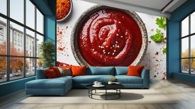 A tangy Korean gochujang sauce in a traditional bowl surrounded by chili paste, garlic, and sesame oil Wall mural