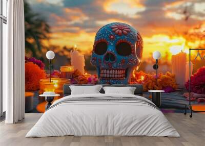 A traditional Mexican Sugar Skull surrounded by candles, flowers, and offerings, placed on a rustic wooden altar against a sunset-lit sky Wall mural