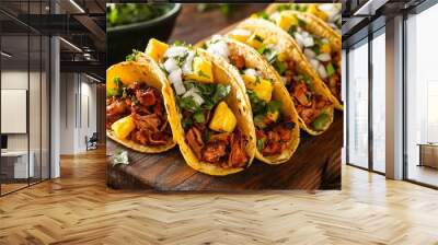 A vibrant plate of tacos al pastor, filled with marinated pork, pineapple, onions, and cilantro, served on a rustic wooden board Wall mural