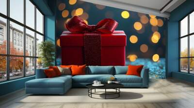 A vibrant red gift box with a big, glossy bow, set against a festive holiday backdrop with twinkling lights Wall mural