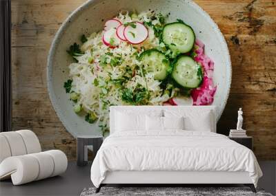 A vibrant sauerkraut salad with pickled cucumbers and radishes, served in a minimalist white bowl on a wooden table Wall mural