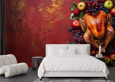 A warm red and gold background featuring a close-up of a roasted turkey with stuffing, surrounded by multicolored vegetables and fruits Wall mural