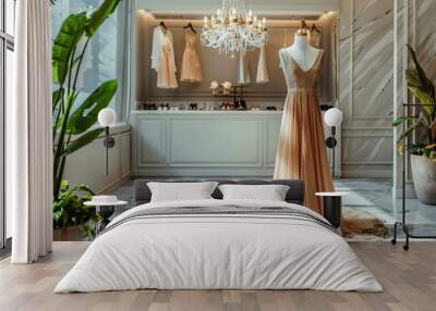 An elegant evening gown displayed on a mannequin in a luxurious showroom, with a crystal chandelier overhead and plush carpet underfoot Wall mural