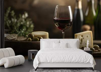 An elegant wine and cheese night setup with a bowl of olives, assorted cheeses, and a glass of red wine, arranged on a rustic wooden table Wall mural