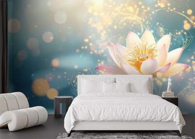 An ethereal Diwali background with a floating lotus flower surrounded by swirling lights and subtle mandala designs in soft pastels Wall mural