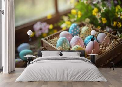 An open wooden crate box filled with colorful Easter eggs, surrounded by straw, with pastel-colored decorations and spring flowers nearby Wall mural