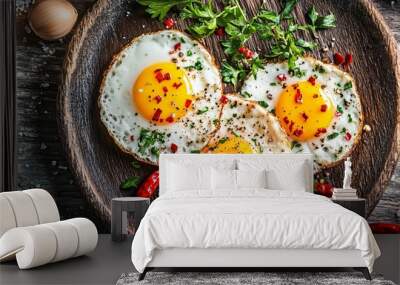 An overhead view of quail eggs cooked sunny side up, garnished with herbs and small chili slices, placed on a rustic wooden table with a stone background Wall mural