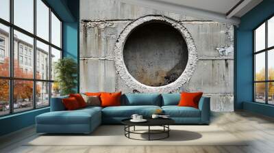 Circular hole in a cinder block wall showing the rough, gray blocks inside Wall mural