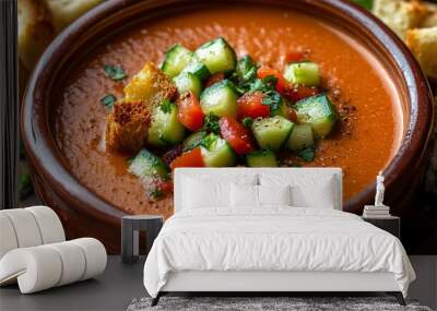 Classic gazpacho soup in a terracotta bowl, garnished with diced cucumber, bell pepper, and croutons Wall mural