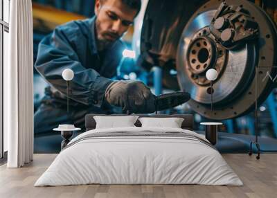 Close up of a mechanic inspecting brake pads and rotors in the service station Wall mural