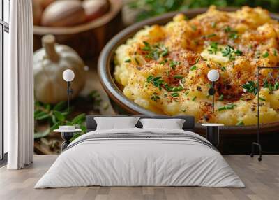 Close up shot of a bowl of creamy mashed potatoes, topped with melted butter and fresh herbs Wall mural