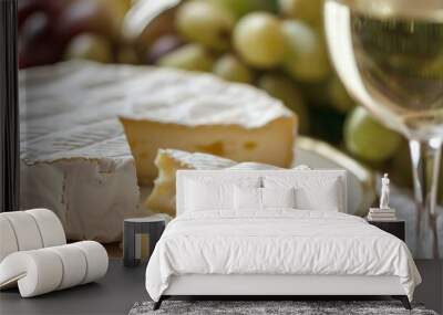 Close-up view of delicious brie cheese with green grapes and a glass of white wine Wall mural