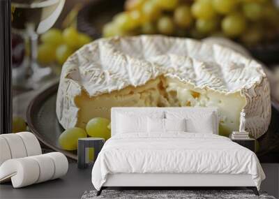 Closeup view of delicious brie cheese with green grapes and a glass of white wine Wall mural