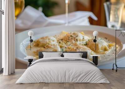 Crab-stuffed ravioli with a rich cream sauce, served on a porcelain plate with an elegant Italian dining room in the background Wall mural