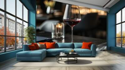 Deep red wine glass on a dark charcoal dining table Wall mural