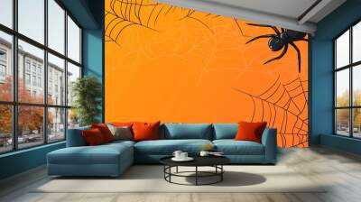 Flat Halloween background with minimalist, symmetrical spider and web illustrations on an orange gradient background Wall mural