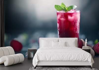 Fresh beetroot juice in a tall glass, surrounded by sliced beets and ice cubes, isolated with soft lighting Wall mural