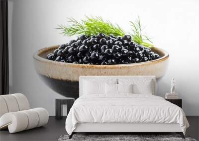 Luxury caviar on fine china, isolated on a pure white background with a sprig of dill and gold accents Wall mural