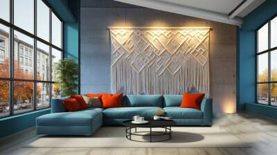 Macrame art with diamond patterns, displayed on a concrete wall with subtle lighting Wall mural