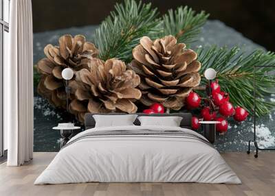 Pinecones with red berries, isolated on a dark slate background, with a small dusting of snow and sprigs of pine needles Wall mural