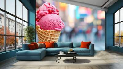 Pomegranate gelato in a waffle cone, against a vibrant urban street background Wall mural