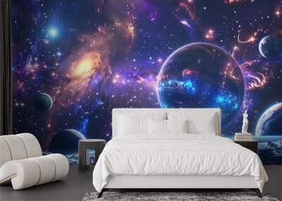 Space-themed backdrop featuring stars, planets, and a glowing galaxy Wall mural