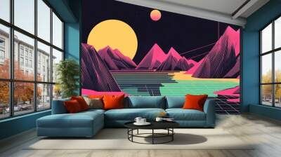 a design of a very minimalist cyberpunk and art deco geometric landscape with neon colors  Wall mural