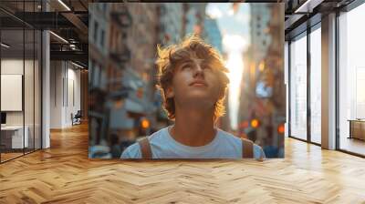  A happy young Caucasian man looking up at the sky alone in a busy city, sun shining  Wall mural