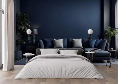  A living room or business lounge designed in deep, dark colours featuring a combination of navy blue and grey design. The empty wall serves as a mockup, allowing for a painted background design.  Wall mural