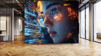  AI cyber security concept. Diverse IT specialist team analyzing artificial intelligence online risk threats to consumer data & privacy. Software developers coding & ethical hacking in dark office  Wall mural