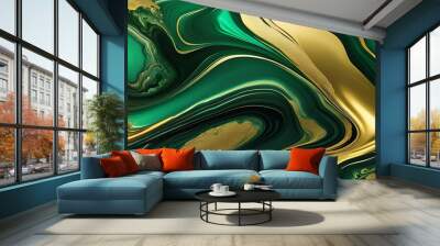  Background green gold abstract texture marble pattern liquid ink paint. Dark background green gold luxury stone wallpaper golden watercolor foil agate black art design emerald color fluid water moder Wall mural