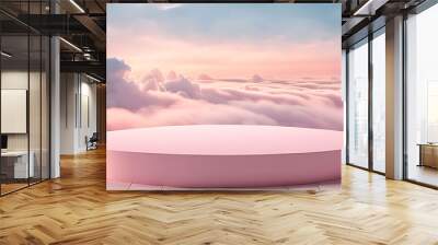  Background podium pink 3d product sky platform display cloud pastel scene render stand. Pink podium stage minimal abstract background beauty dreamy space studio pedestal smoke showcase geometric whit Wall mural