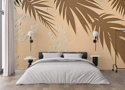  Beautiful texture of beige brown luxury, smooth stucco wall with soft foliage dappled light of tropical tree leaf shadow  Wall mural