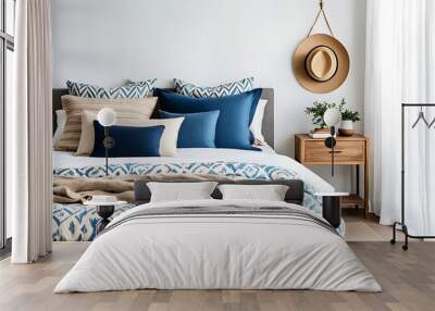  Bed with blue and beige bedding. Boho, farmhouse interior design of modern bedroom.  Wall mural