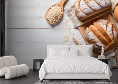  Bread bakery background top food view fresh white wheat loaf. Background food flour bakery top bread slice pastry brown breakfast bake organic cut table french grain baguette board wood whole wooden. Wall mural