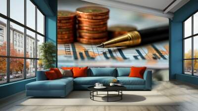  Economy and finance background with money coins , pen and stocks market graphs in blurry backdrop  Wall mural