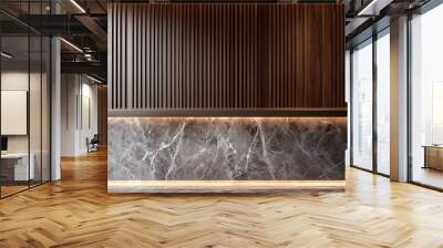  Gray kitchen marble tabletop for product presentation. Empty countertop mockup on brown wall panels with wooden slats. Clean podium for luxury bar or beauty advertisement.  Wall mural