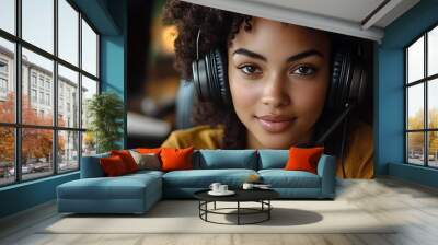  Happy african American woman working remotely on a virtual video team meeting call, remote work and flexible culture concept. Inclusive and diverse workplace. DEI remote working.  Wall mural