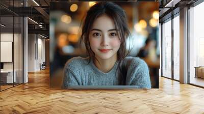  Happy young woman working remotely on virtual video team meeting call, remote work and flexible culture concept, smiling Asian female digital nomad freelancing on laptop from home, copy space  Wall mural