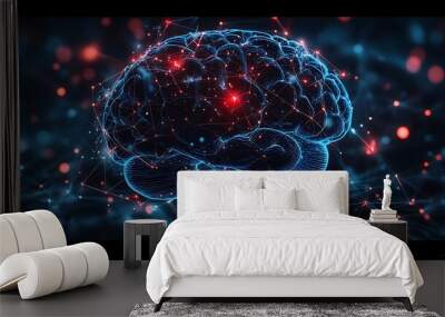  Human brain stimulation or activity with neuron close-up 3D rendering illustration. Neurology, cognition, neuronal network, psychology, neuroscience scientific concepts design  Wall mural