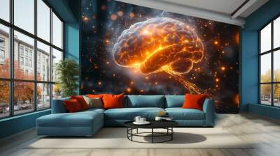  Human brain stimulation or activity with neuron close-up 3D rendering illustration. Neurology, cognition, neuronal network, psychology, neuroscience scientific concepts design  Wall mural