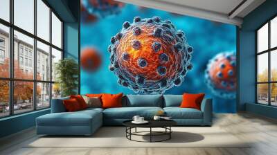  Human stem cell therapy research in 3D: Explore cellular biology, cancer treatment, DNA, nucleus, and protein. Highlighting molecular division for medical biotechnology.  Wall mural