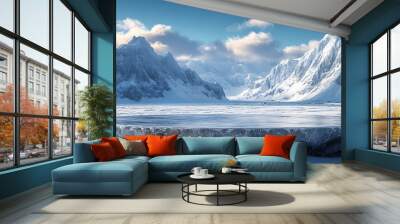  Ice podium background snow winter product platform cold mountain 3D. Podium ice display background cosmetic sky floor blue scene landscape frozen white cool stand pedestal minimal rock glacier nature Wall mural