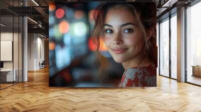  Inclusive image of happy blasian woman working on computer in creative agency office workplace. Young successful mixed race female businesswoman talking on client video call team meeting Wall mural