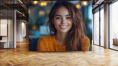  Inclusive image of happy blasian woman working on computer in creative agency office workplace. Young successful mixed race female businesswoman talking on client video call team meeting Wall mural