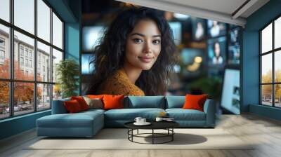  Inclusive image of happy blasian woman working on computer in creative agency office workplace. Young successful mixed race female businesswoman talking on client video call team meeting Wall mural