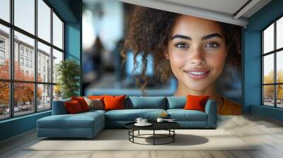  Inclusive image of happy blasian woman working on computer in creative agency office workplace. Young successful mixed race female businesswoman talking on client video call team meeting Wall mural